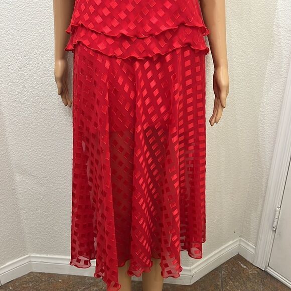 Ann Hobbs For Cattiva Dress Red Square Neck Short Sleeve Sheer Ruffle Midi Lined - Picture 5 of 11